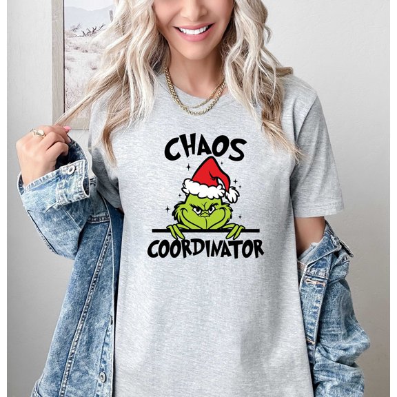 Moonlight Apparel Women’s Christmas Graphic Tee “Chaos Coordinator” Funny Holiday Shirt Cute Santa Hat Cartoon Print Casual Short Sleeve Top