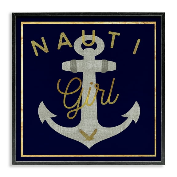 Stupell Industries Nauti Girl with Anchor Novelty & Humor Painting Black Framed Art Print Wall Art, 12 x 12