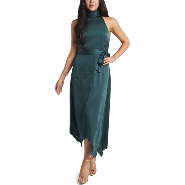 Vince Camuto Vestido a media pierna con cinturón y cuello halter para mujer, verde, 14
