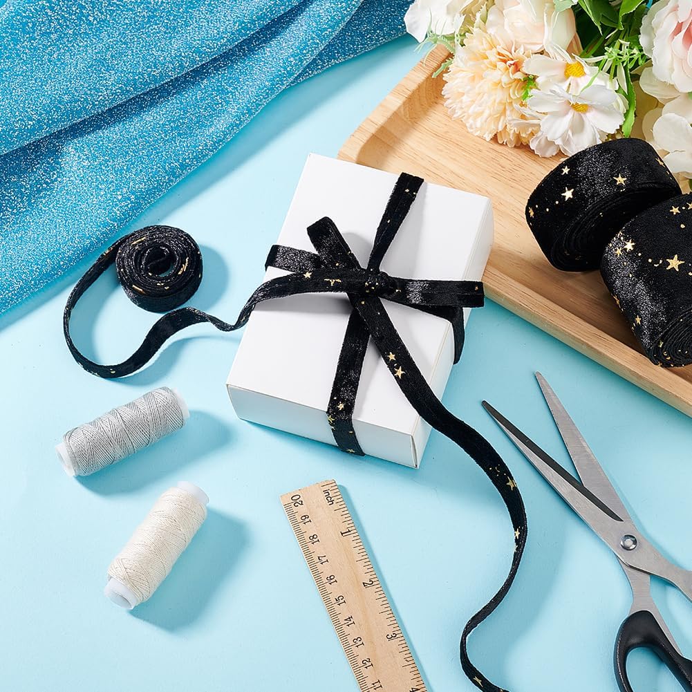 6.56 Yards(6m) Double Faced Velvet Ribbons with Star Motif 3/8 inch 1 inch 2 inch(1cm 2.5cm 5cm) Black Satin Trims Flat Ribbon Roll for Gift Wrapping Decor Party Wedding Crafts 1set