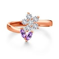 thumbnail image 2 of Gem Stone King 18K Rose Gold Plated Silver Purple Amethyst White Created Sapphire and White Lab Grown Diamond Flower Open Ring for Women (0.48 Cttw, Gemstone February Birthstone, Size 7), 2 of 3