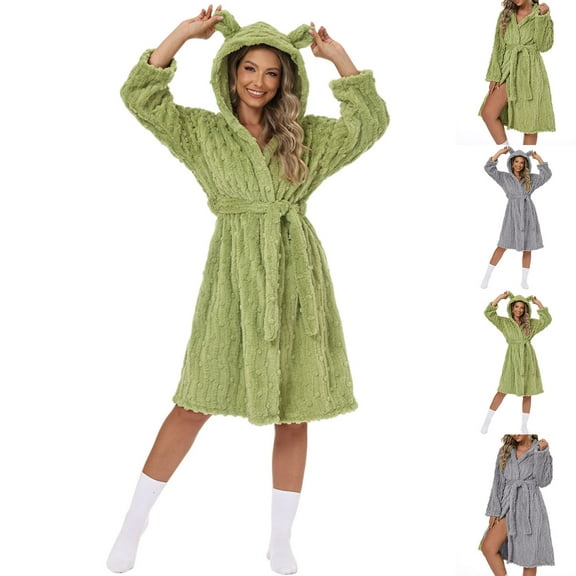 Feancey Plush Bathrobes for Women Cute Ear Hooded Shower Robe Winter Fluffy Fleece Long Sleeve Sleepwear Robes Furry Warm House Coat Green S