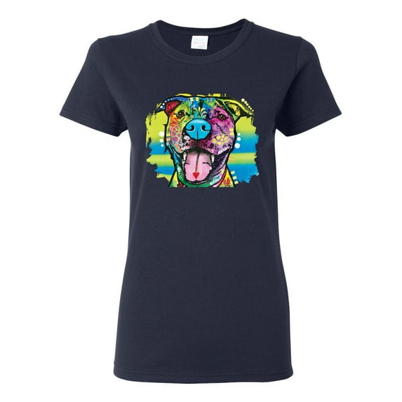 Cute Happy Smiling Dog Rainbow Pitbull Dog Lover Womens Graphic T-Shirt, Navy, 2XL