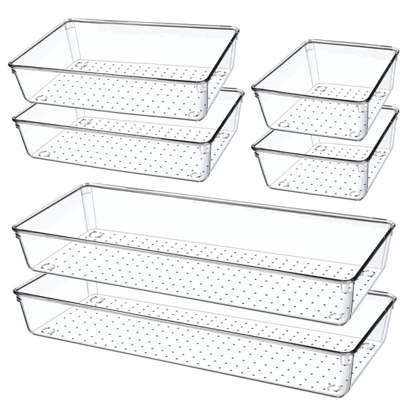 6 Pack Clear Pantry Organizers Bins, 3 sizes Kitchen Stackable Plastic Storage Containers for Refrigerator, Fridge, Freezer, Desk Drawer Organization Tray for Makeup, Bathroom, Cabinet, Vanity