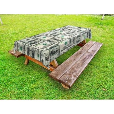

Money Outdoor Tablecloth Dollar Bills of United States Federal Reserve with the Portrait of Ben Franklin Decorative Washable Fabric Picnic Tablecloth 58 X 104 Inches Pale Green Grey by Ambesonne