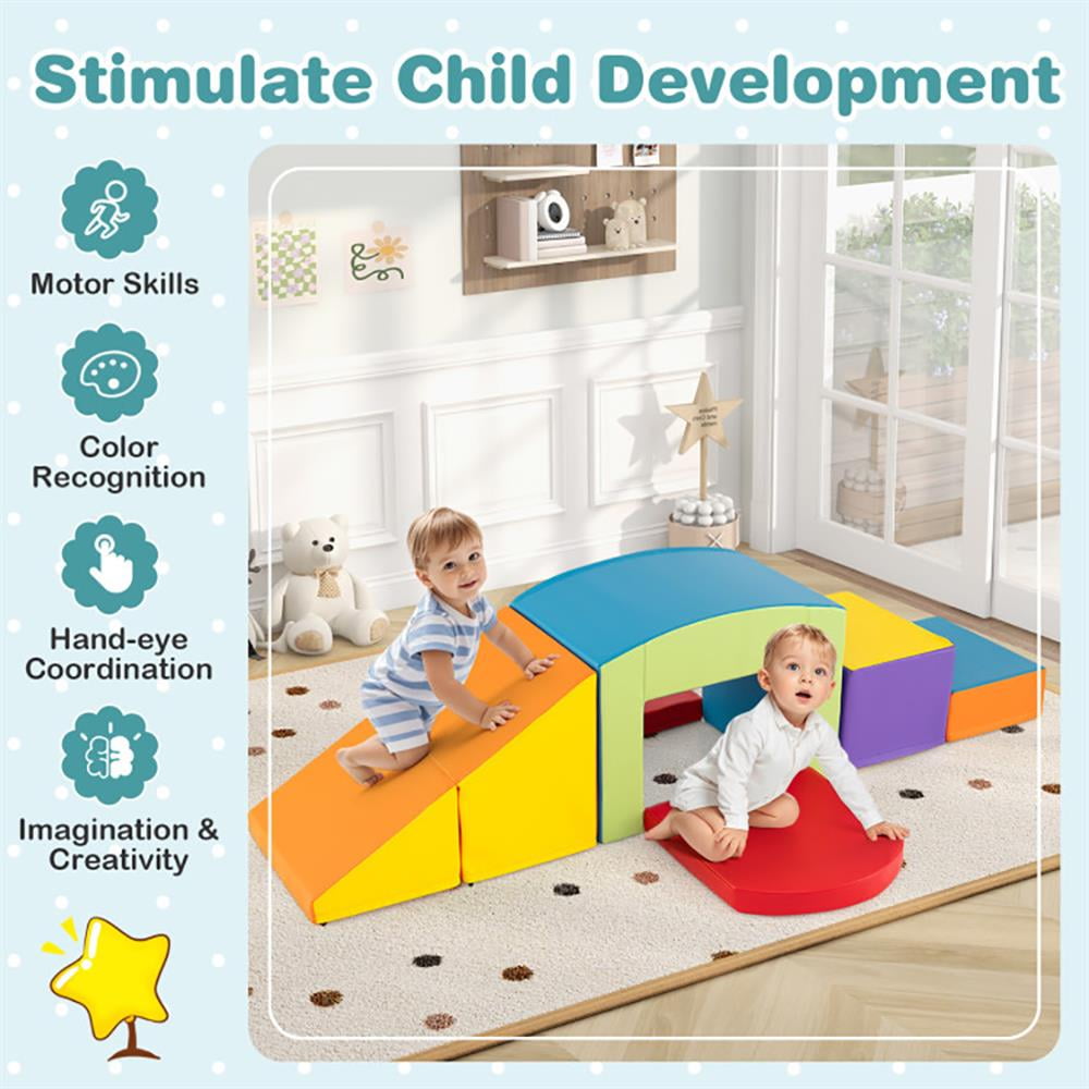Resenkos 6 Pieces Foam Climbing Blocks Soft Play Climbing for Toddlers with Tunnel-Multicolor