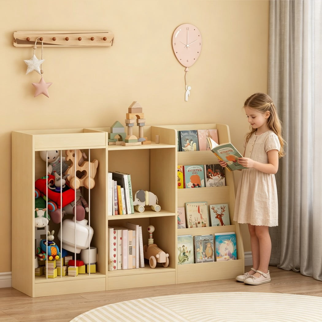 3-in-1 Kids Bookshelf and Toy Storage, 4-Tier Montessori Bookcase with Sling Stuffed Animal Organizer & 3-Tier Toy Shelf for Nursery, Playroom & Kindergarten, Natural
