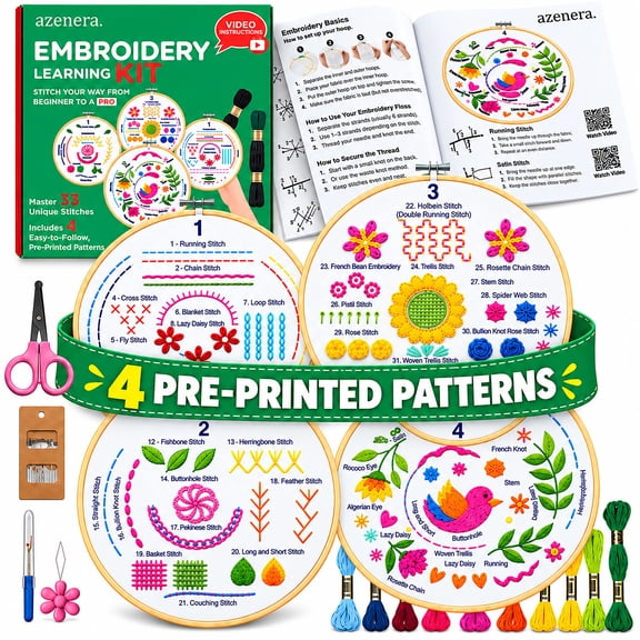 aZenera Embroidery Kit for Beginners - Learn 33 Stitches with Video Instructions, Cross Stitch Tutorials, Hoop, 4 Pattern Designs