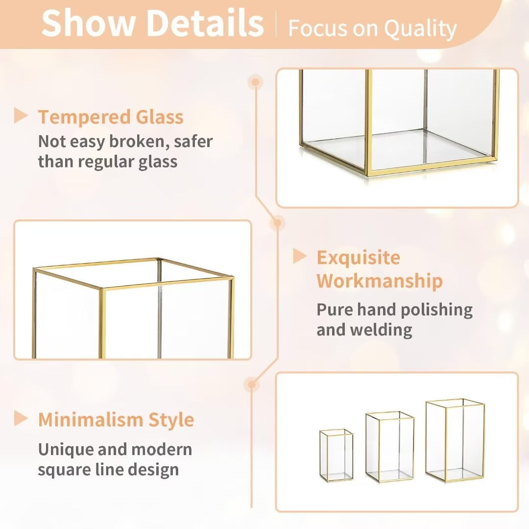 Nuptio Glass Hurricane Candle Holder Lantern for Pillar Candles， Gold Lantern Centerpiece for Tables Decorative Indoor ,Set of 3