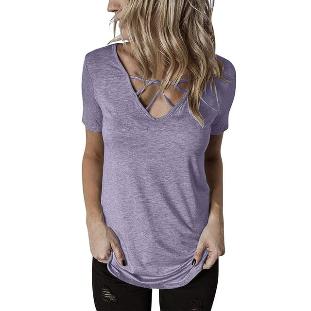 Posijego Hauts pour Femmes Col en V Croisé Manches Courtes T-Shirts pour Femmes Été Basique Tee Chemises de Sortie