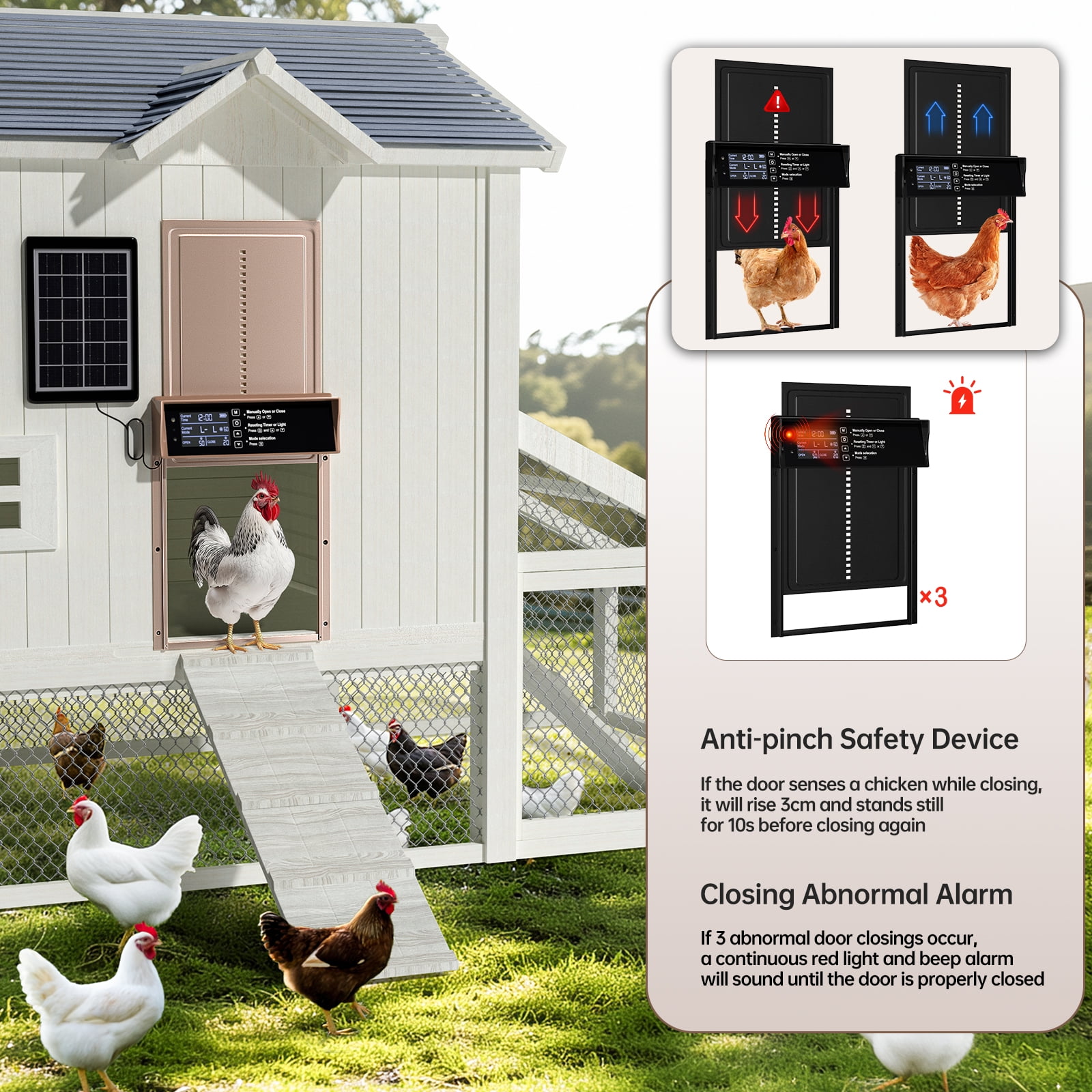 Automatic Chicken Coop Door Solar Powered Auto Chicken Door with Timer & Light Sensor, Anti-Pinch & Alert, LCD Screen, Remote Control Aluminum Waterproof,Gold