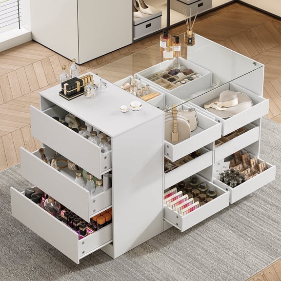 Closet Island with 15 Drawers, White Dresser with Glass Top for Bedroom, Cloakroom