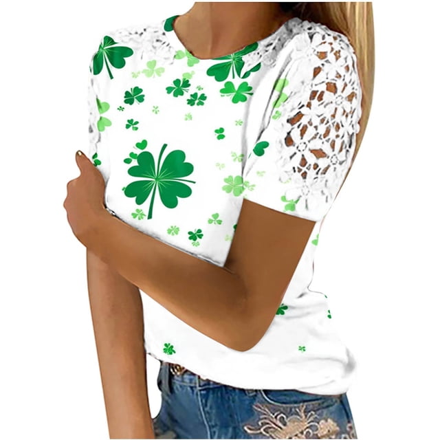 Camisas de Manga Corta para las Mujeres Impresión Cuello Redondo Suéter Encaje Blusa, Top Casual para el Hogar Y Diario