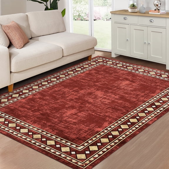 GlowSol 5'x7' Non-Slip Area Rug Modern Geometric Bordered Rug Non-Shedding Rug Soft Floor Decoration for Dining Room Home Office, Red