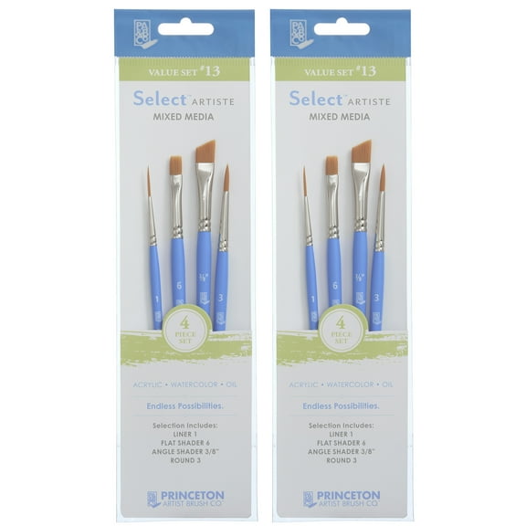 Princeton Select Artiste Brush Set No. 13, Synthetic Bristles, Short Handle Mixed Media Paintbrush, Jewel Blue, 4 Per Set, 2 Sets