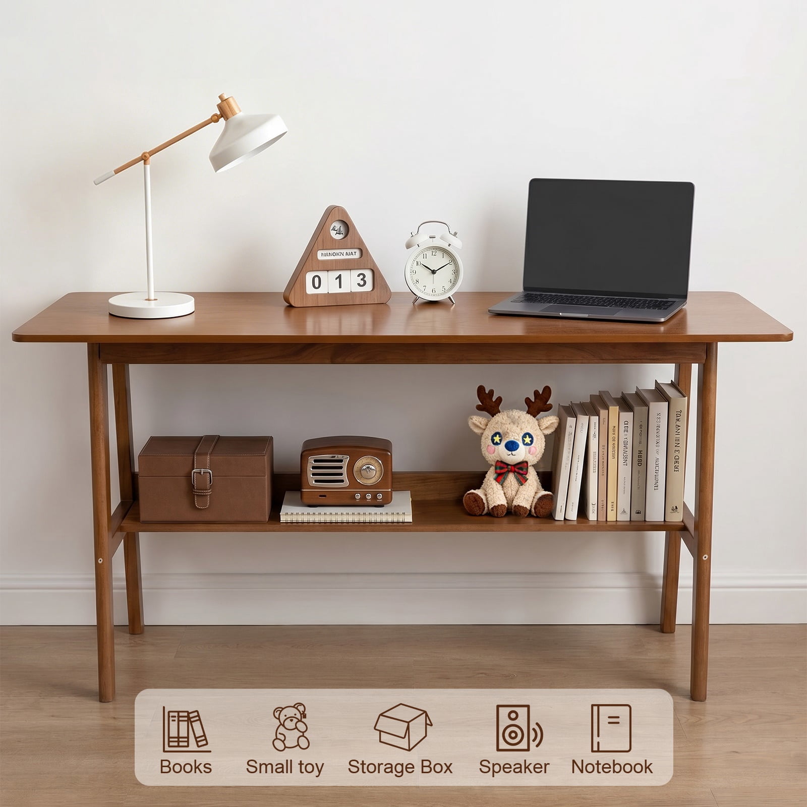 Hommoo 63 Inch Modern Walnut Two-Person Home Office Desk with Storage Shelf, Mid-Century Long Computer Workstation for Dual Monitor Setup, Walnut