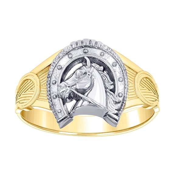 10k Two-tone Gold Womens Horse Head Horseshoe Good Luck Ring 12.4x2.6mm Wide Ring for Women