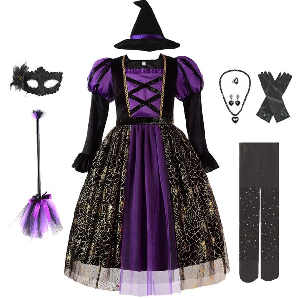 Vestido de bruja púrpura de manga larga para Halloween para niñas, disfraz de princesa bronceadora con estampado de telaraña, vampiro, fiesta de disfraces para niños Fivean unisex