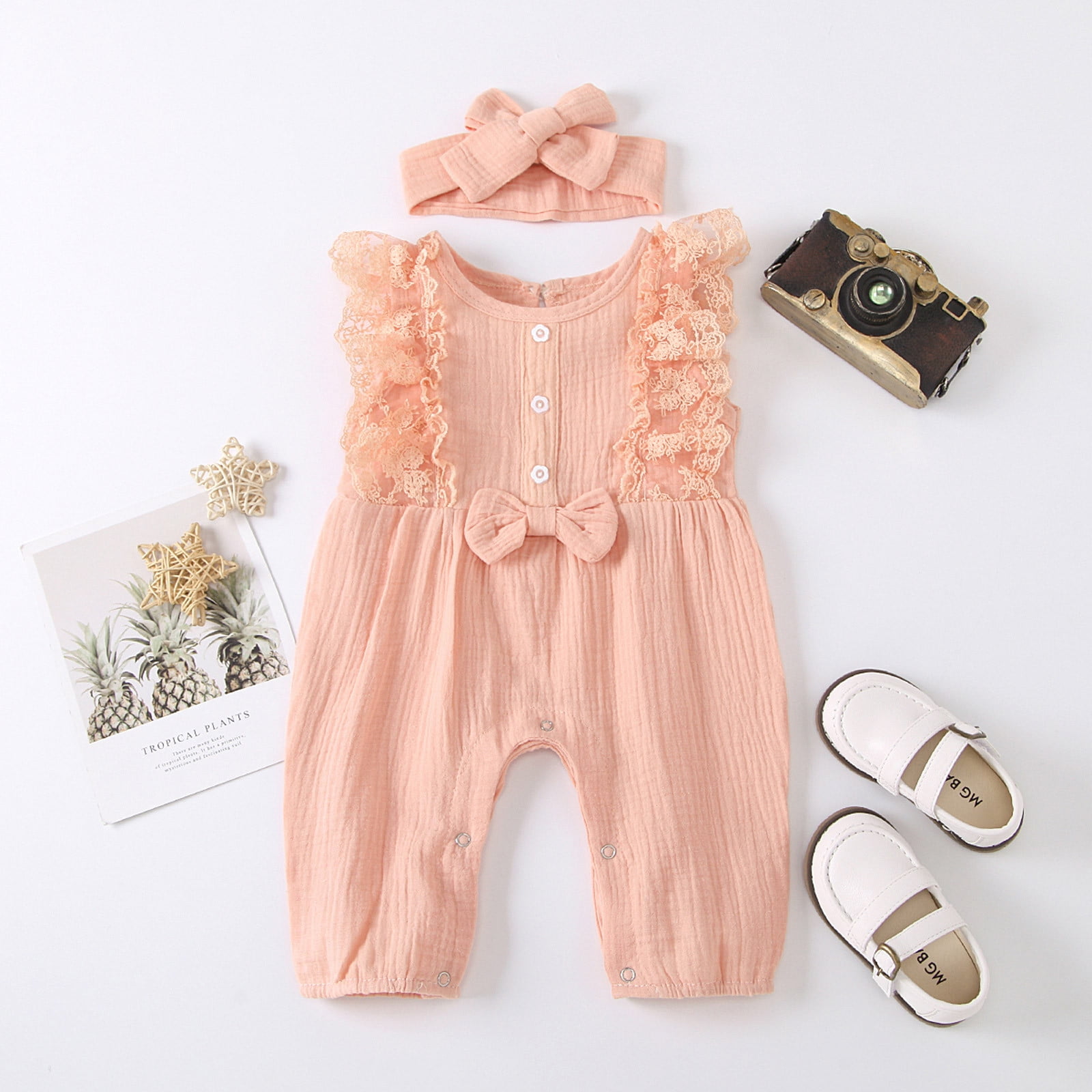 Newborn Infant Baby Girl Cotton Linen Romper Lace Bow One Piece Jumpsuit Clothes 