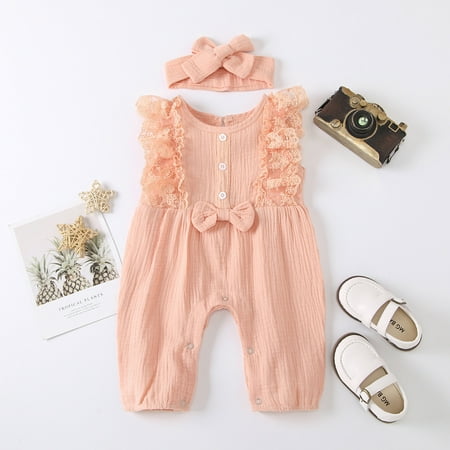 

THE WILD Toddler Girl Cotton Linen Romper Lace Bow Jumpsuit Clothes