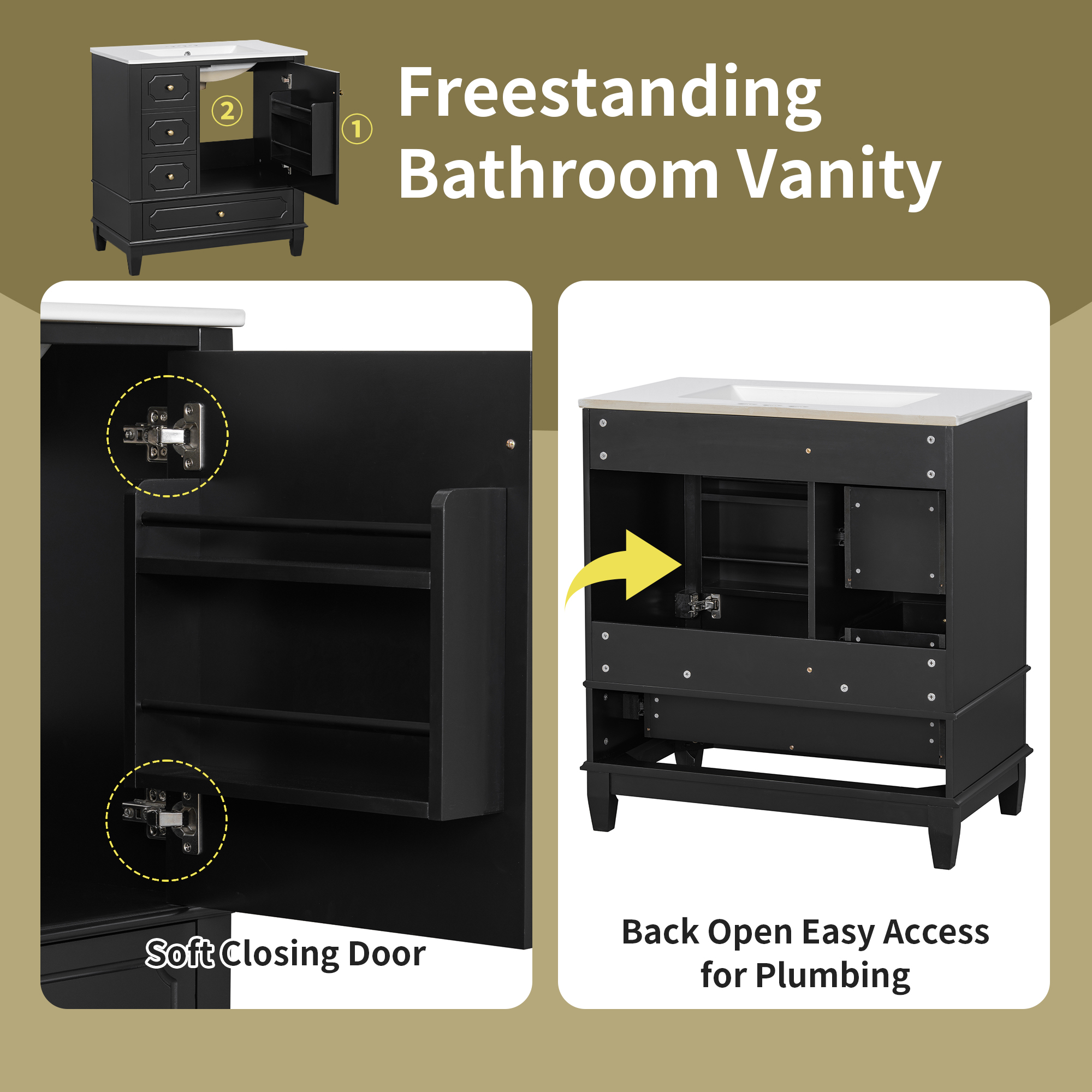 Harper & Bright Designs 30" Bathroom Vanity Sink Combo with Storage , Bathroom Cabinets Freestanding with Drawers and Soft Close Door, Black