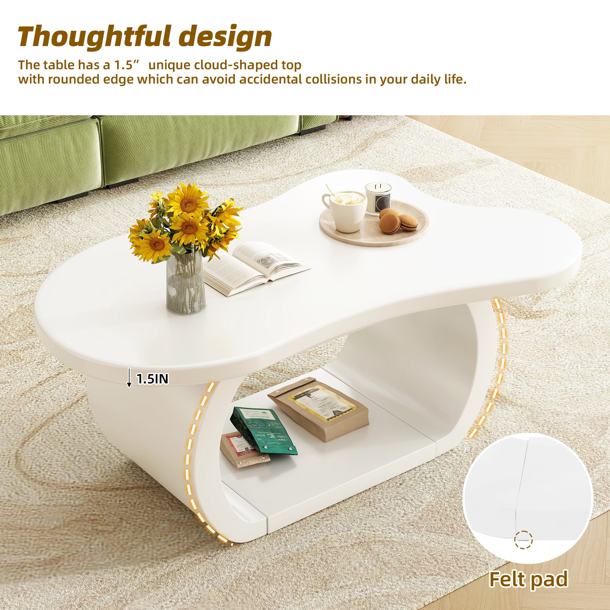 Euroco Charming Irregular-Shaped Coffee Table with Curved Legs, Cloud-Shaped Top, and Smooth MDF Surface – Compact & Easy Assembly for Living Room, Bedroom, or Balcony