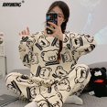 thumbnail image 3 of Conjunto de pijama de algodón con dibujos animados para mujer, ropa de dormir Coreana de manga larga con cuello redondo, bonita para ocio, 3 of 4