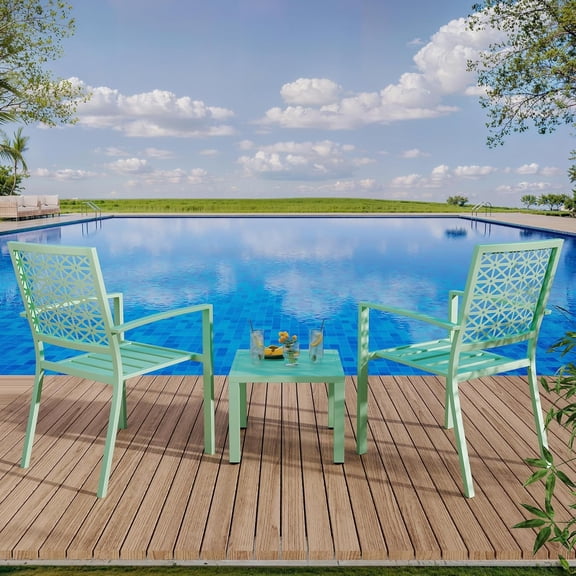 3 Piece Small Outdoor Bistro Sets, All Weather Patio Chairs Set with Side Table, Stackable & Space-Saving, Metal Outdoor Furniture Set for Front Porch, Garden, Balcony, Green