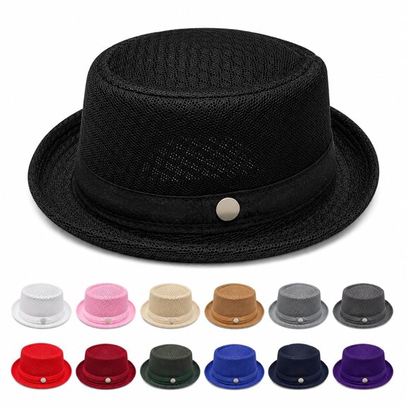 Unisex Mesh Pork Pie Hat, Packable Adjustable Fedora Cap, Breathable Sun Hat for Beach Travel Golf Fishing