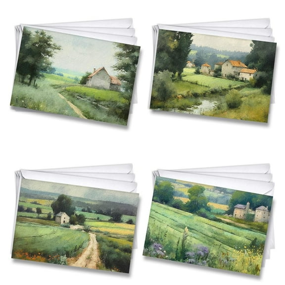 Watercolor Countryside All-Occasion Blank Note Greeting Cards | 12 Pack Assortment Bulk Variety Set (4x6)