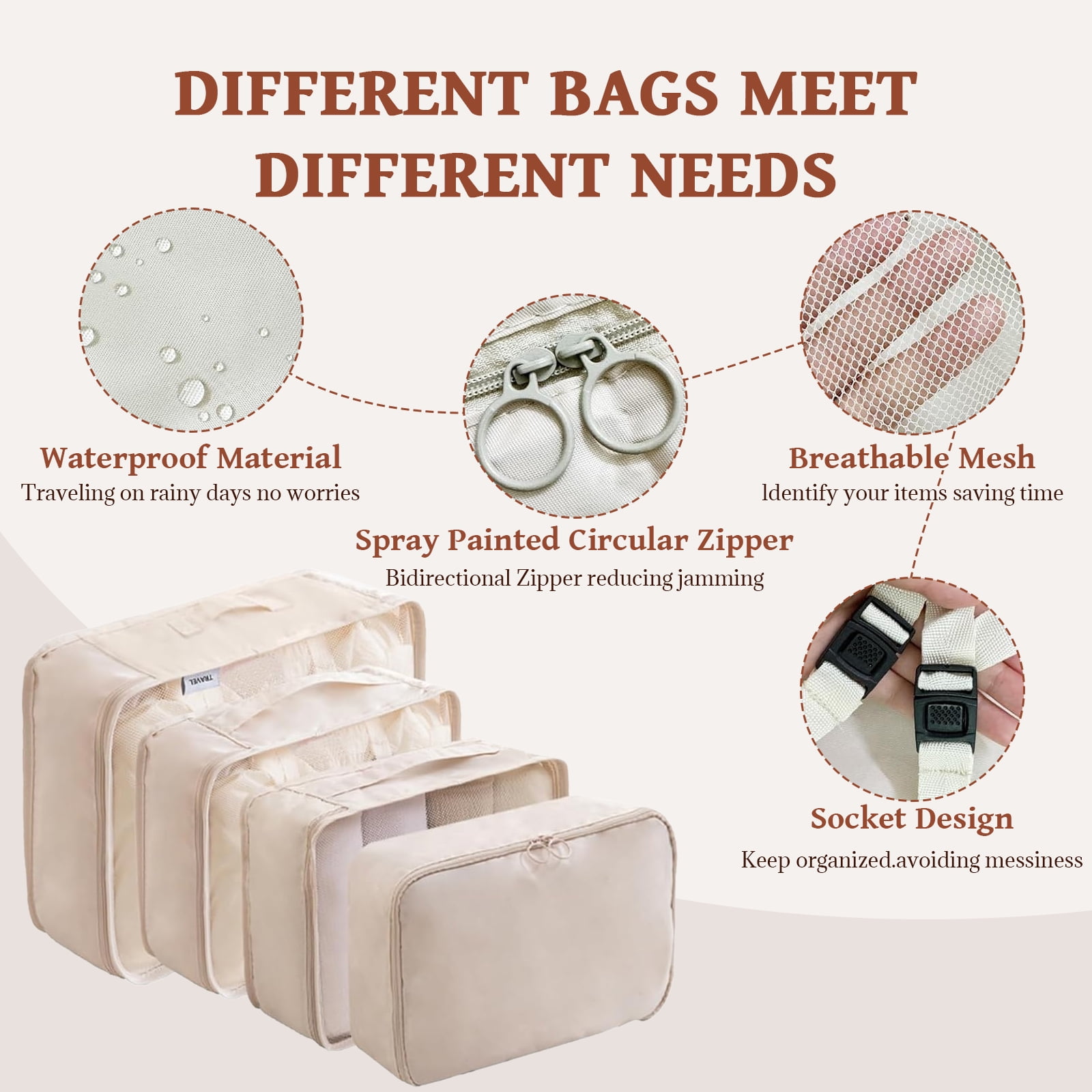 9-Piece Beige Travel Packing Cubes Set - Large Capacity, Waterproof & Breathable for Organized Trips