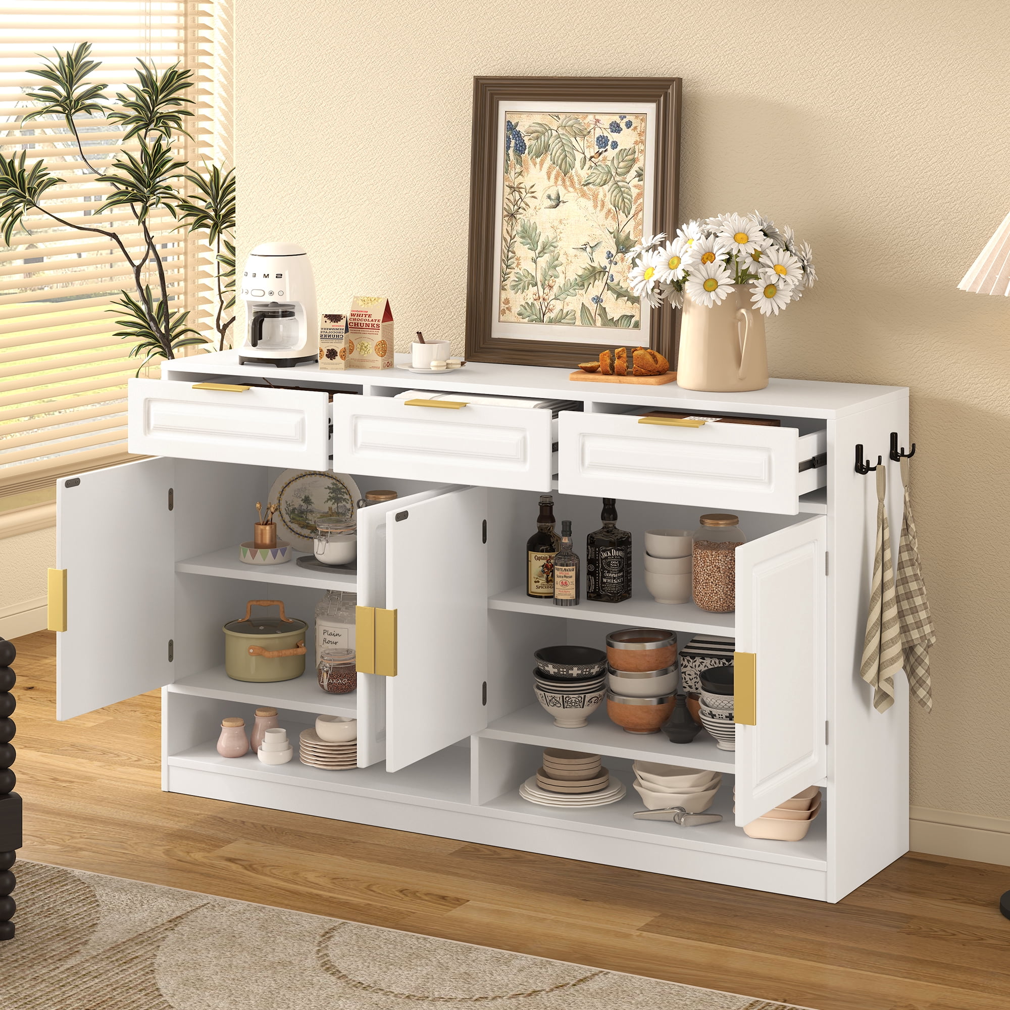 Aukfa 59.1" Sideboard Buffet Cabinet,Large Storage Cabinet with 3 Drawers & Adjustable Shelf,White
