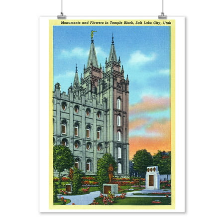 Salt Lake City, Utah - View of Monuments and Flowers in Temple Block (9x12 Art Print, Wall Decor Travel