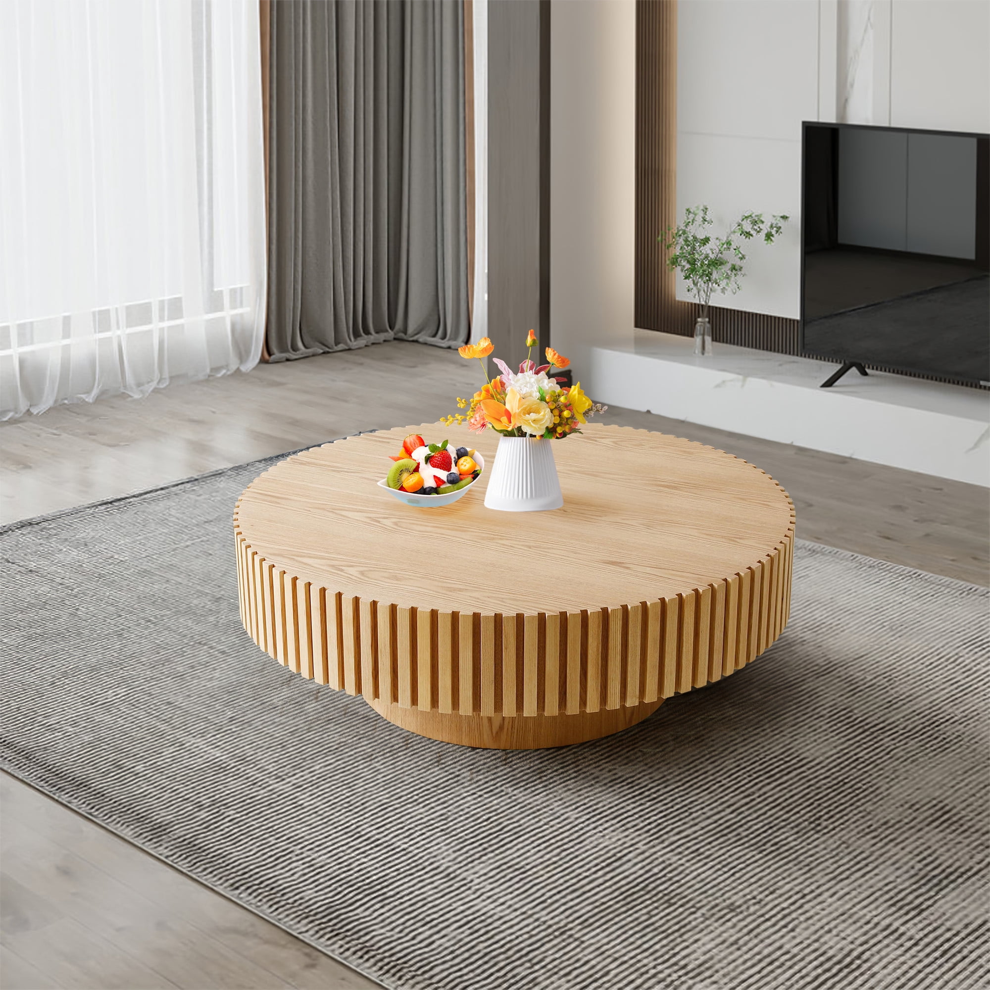FFH 31.5" Round Coffee Table for Living Room,Rustic Modern Coffee Table with Sturdy Pedestal,Nature Wood Handcraft Corner Coffee Table,Circle Side Table Centre Table for Apartment,Nature
