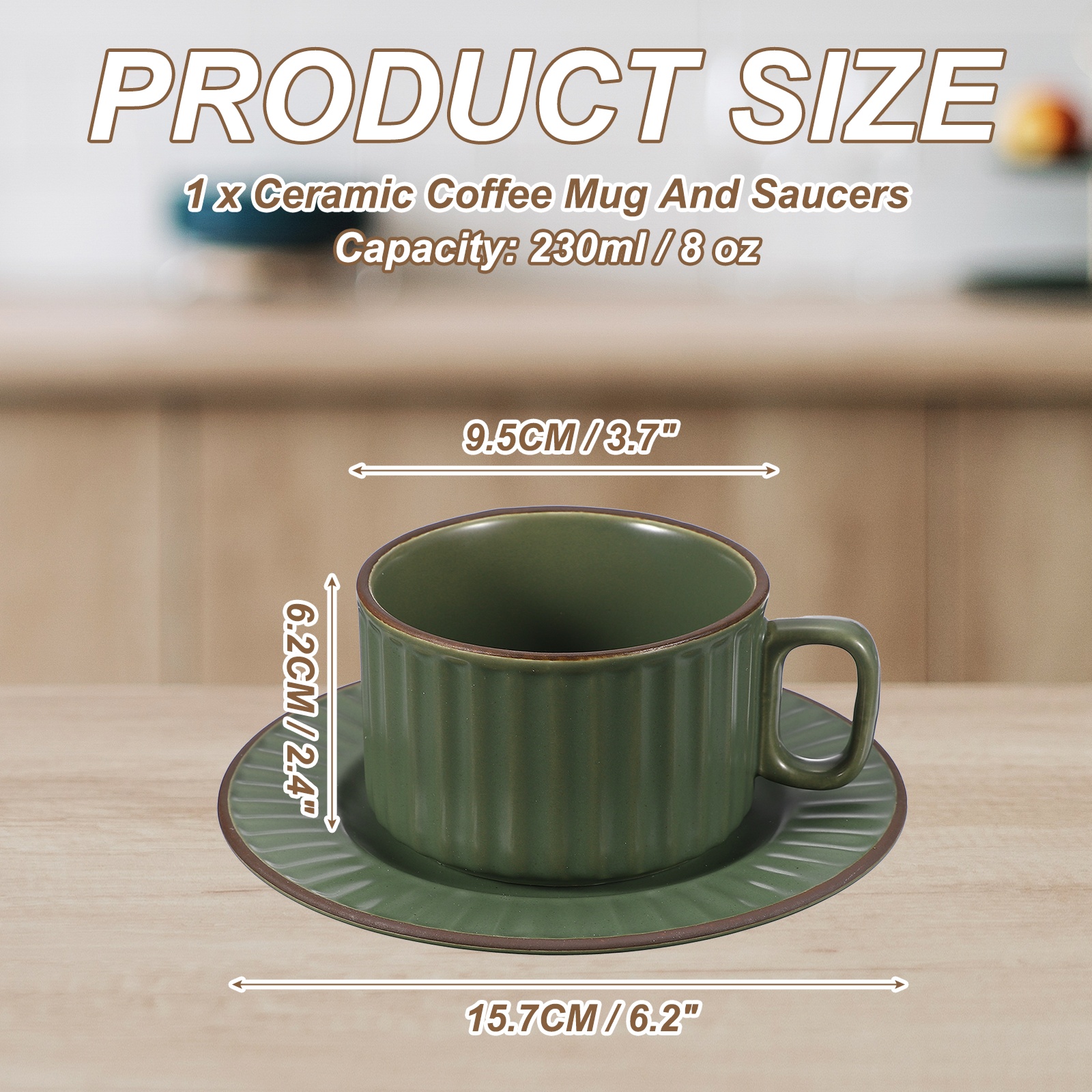 Uxcell Handmade Vintage Espresso Cups, 8 oz Coffee Cups and Saucers Ceramic Tea Cup with Handle Dishwasher and Microwave Safe for Latte Cappuccino Milk Office Home Gifts, Green