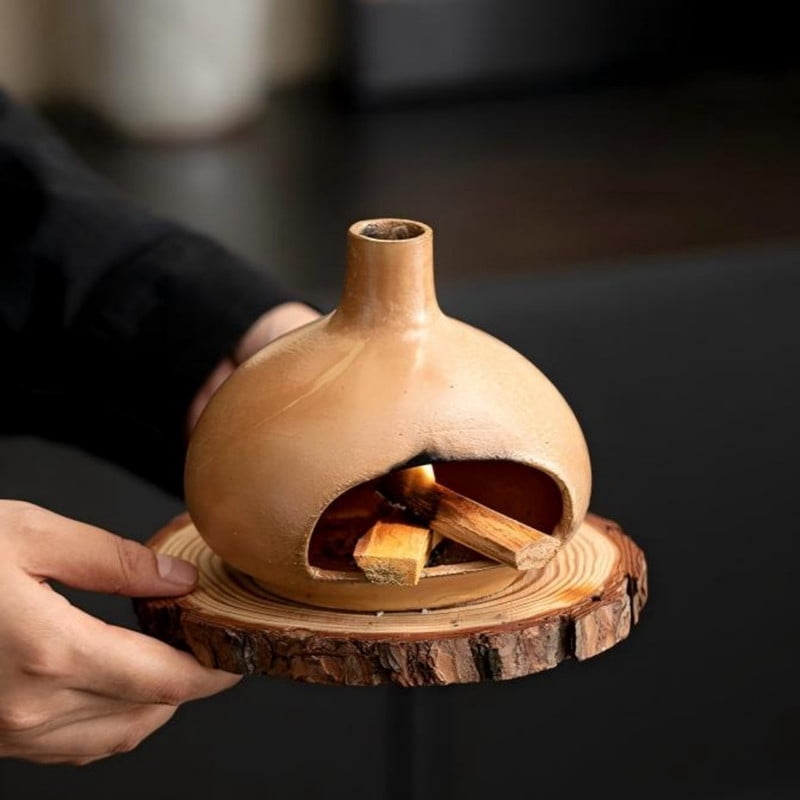 Minimalist Terracotta Dome Palo Santo Holder - Ceramic Incense Burner with Ash Catcher, Earthy Hut Design Palo Santo Holder Stick Holder for Smudging, Meditation, Yoga & Boho Home Decor-Black