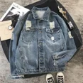 thumbnail image 4 of Chaqueta vaquera para hombre con agujero roto, botón de otoño, abrigos vaqueros para hombre, empalme azul, ropa de abrigo vintage para invierno al por mayor, talla LG, 4 of 5