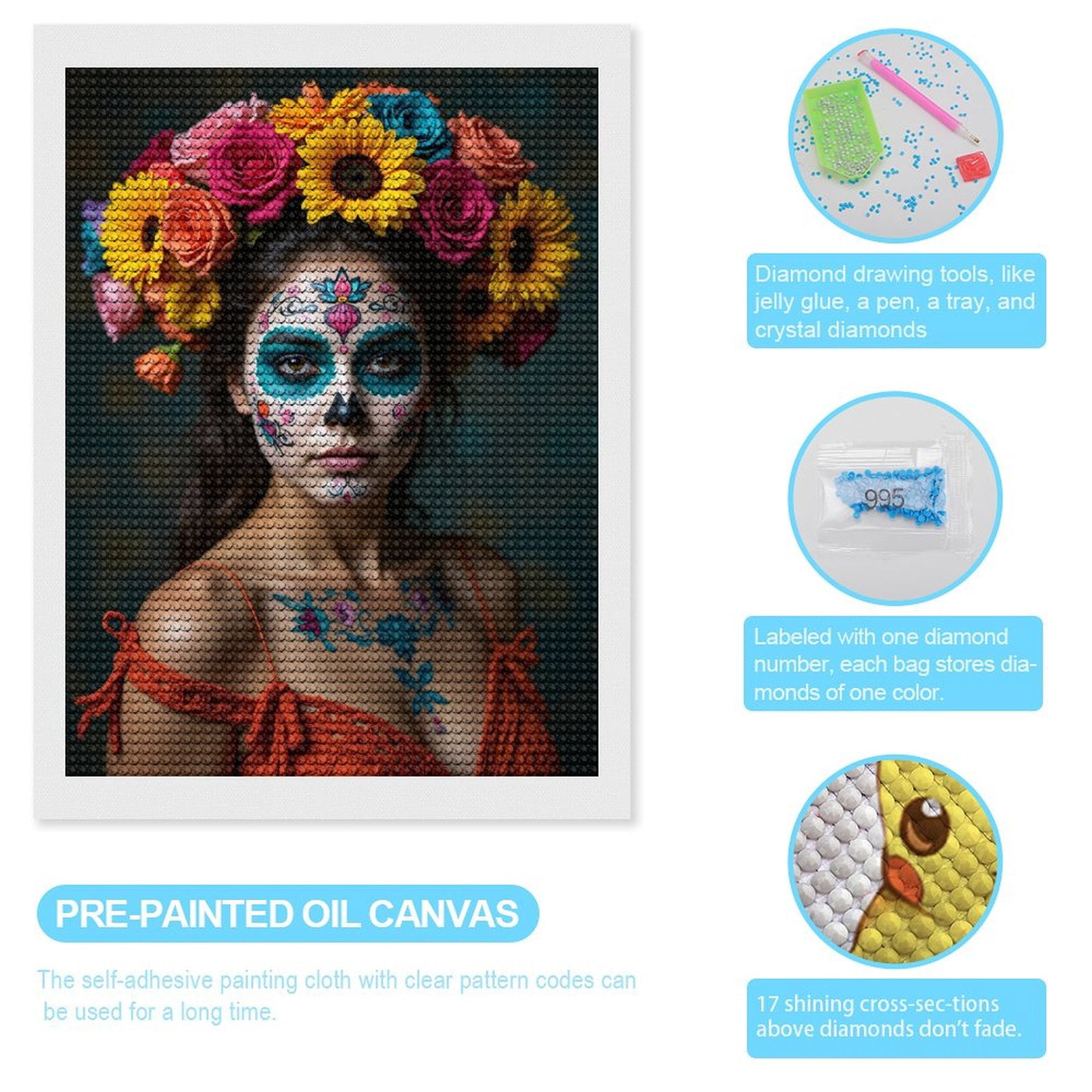 Diamond Art Kits for Adults, Floral Face Paint Vibrant Celebration 5D Diamond Painting Kits for Adults Beginners, DIY Full Drill Diamond Painting, Gem Art and Crafts 12x16