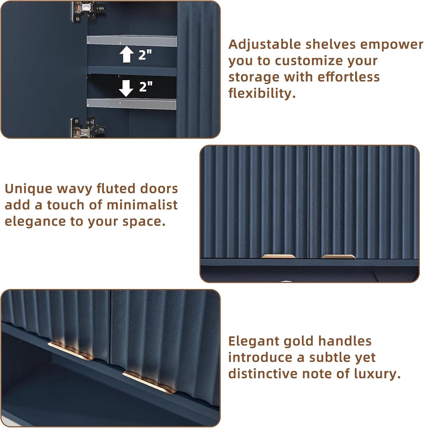 Leyaoyao Fluted Bathroom Cabinet Wall Mount, Adult Medicine Cabinet Storage Organizer with Doors and Adjustable Shelves, Navy