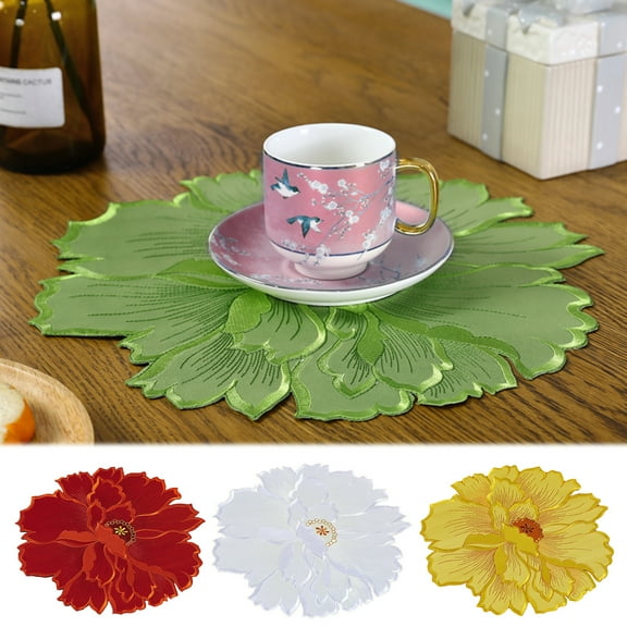 Walbest 13.8 Inch Placemat Heat Insulation Non-slip Coaster, Flower Embroidery Lace Kitchen Dining Table Centerpiece Place Mat Washable