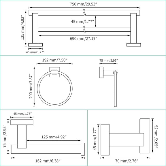 5-Piece Bathroom Hardware Kit Set Brushed Stainless Steel Wall Mount - Includes Double Towel Bar, Hand Towel Rack, Toilet Paper Holder, 2x Robe Hook