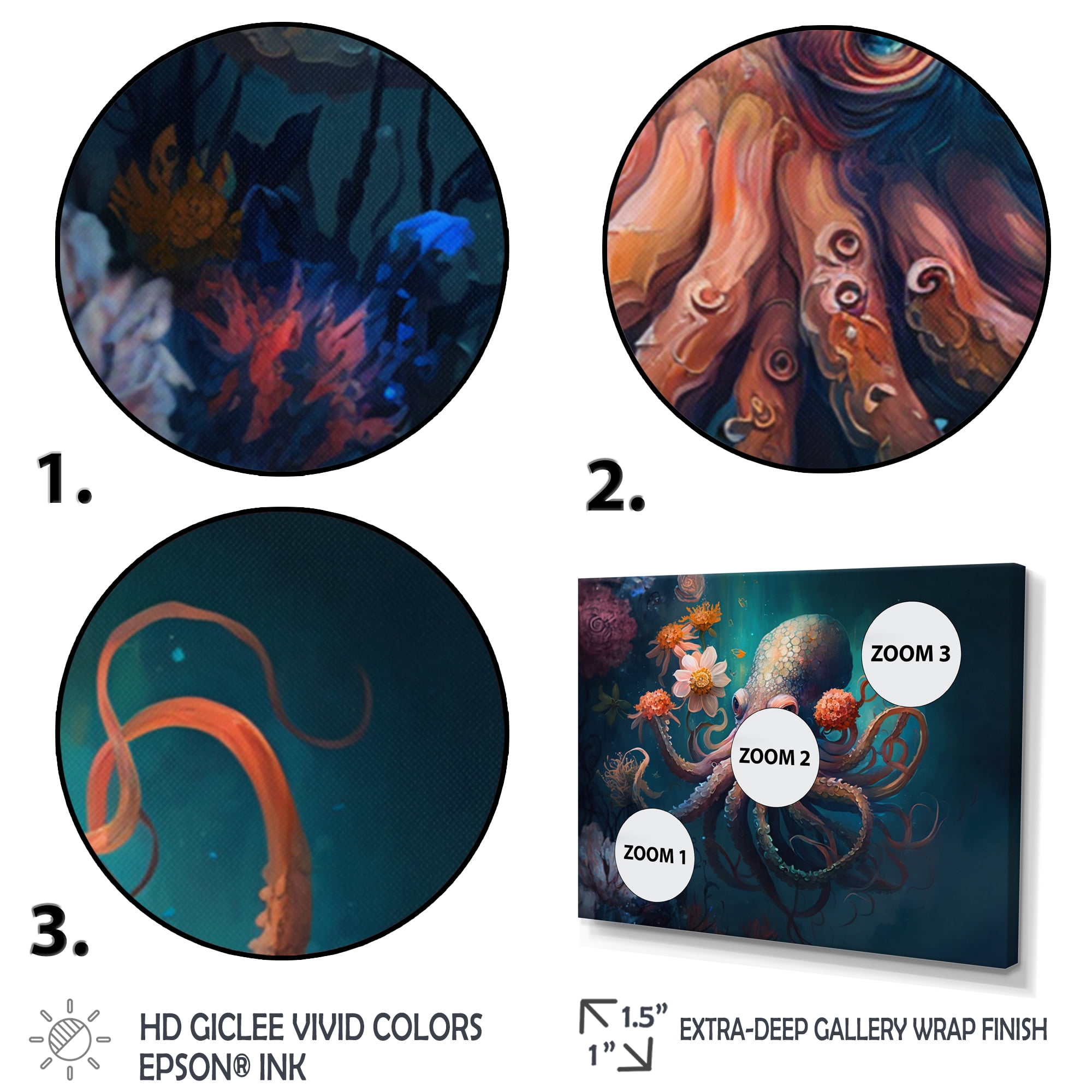 Designart Octopus In The Ocean With Flowers III Canvas Wall Art