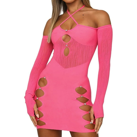 LLYwey Sales Clearance Business Casual Dresses for Women 'S Dress Low Cut Long Sleeve Tie up Short Dress Hollow Cut Ruched Dress New Cocktail Dresses Pinky M