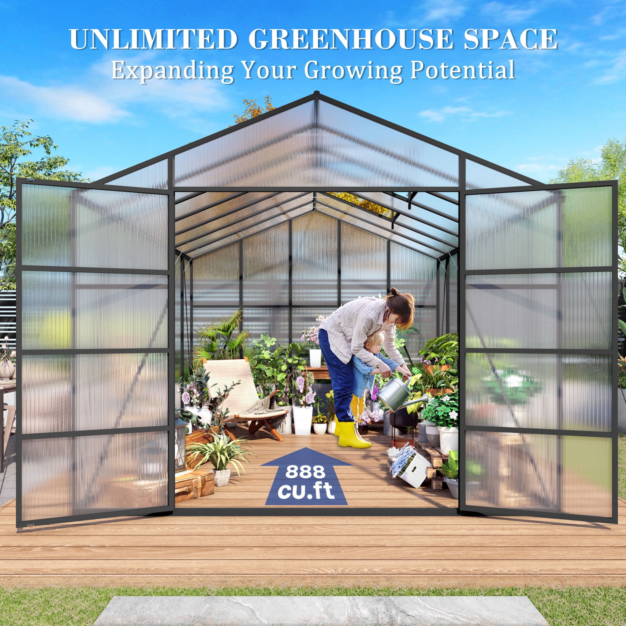 MAYEERTY 10x14 FT Walk-in Greenhouse with Aluminum Frame, All-Season Windproof Greenhouse with Drainage for Backyard, Garden & Patio