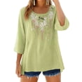 thumbnail image 2 of Linen Shirts for Women 3/4 Sleeve Crewneck Breathable Embroidered Top 2026 Loose Fit Dressy Casual Women Blouses Green XL, 2 of 5