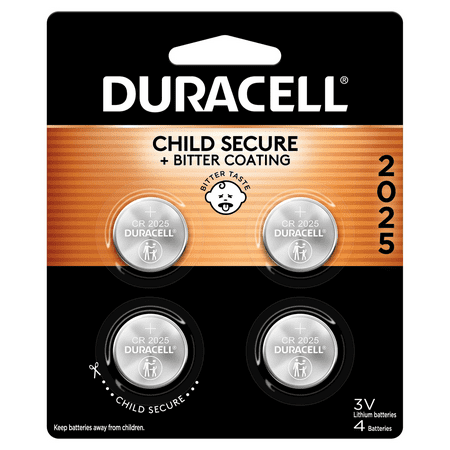 Duracell 2025 Lithium Coin Battery 3V, Bitter Coating Discourages Swallowing, 4 Pack