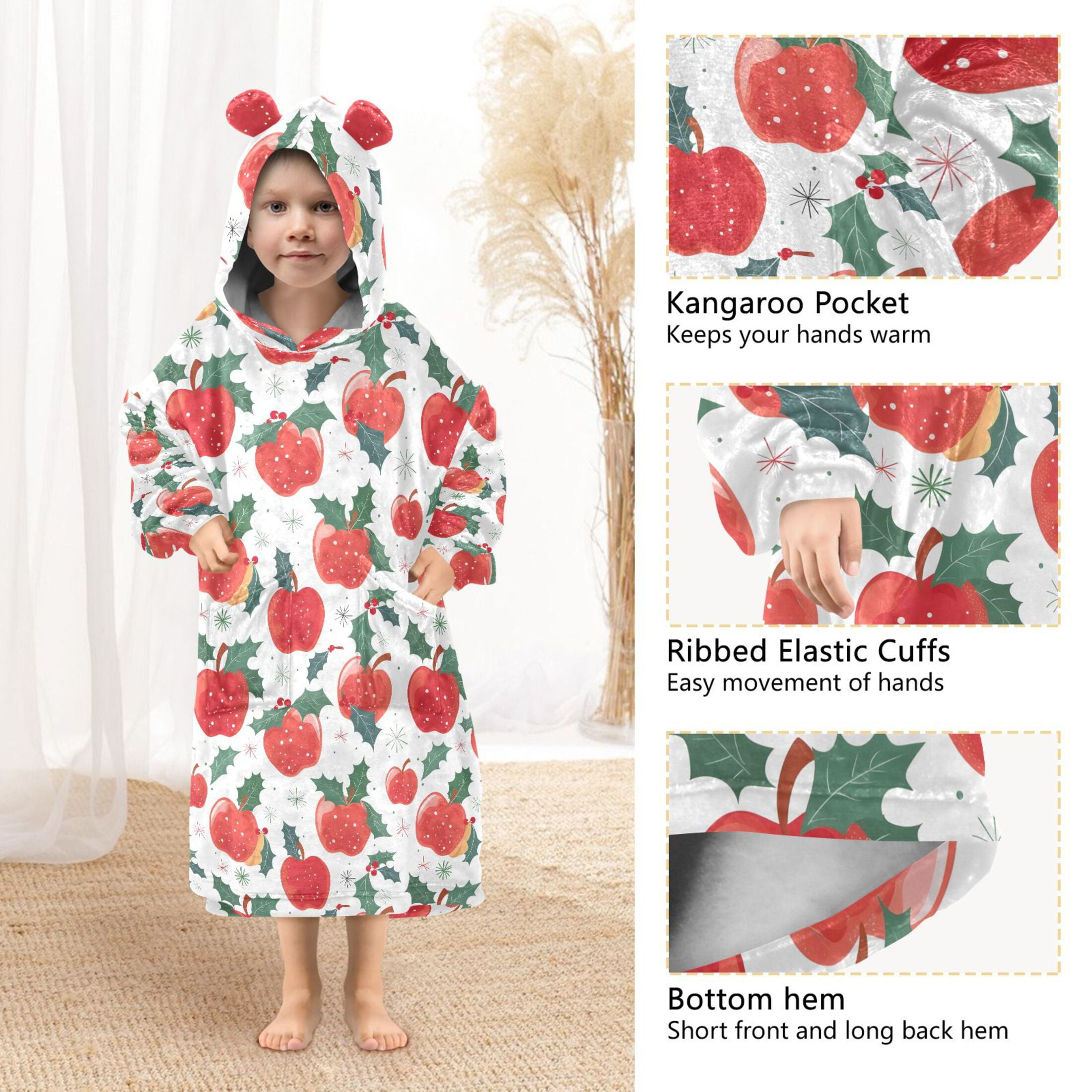 Wearable Blanket Hoodie for Kids Apple Snow Flannel Hooded Blanket with Pockets and Sleeves Suitable for Boys and Girls
