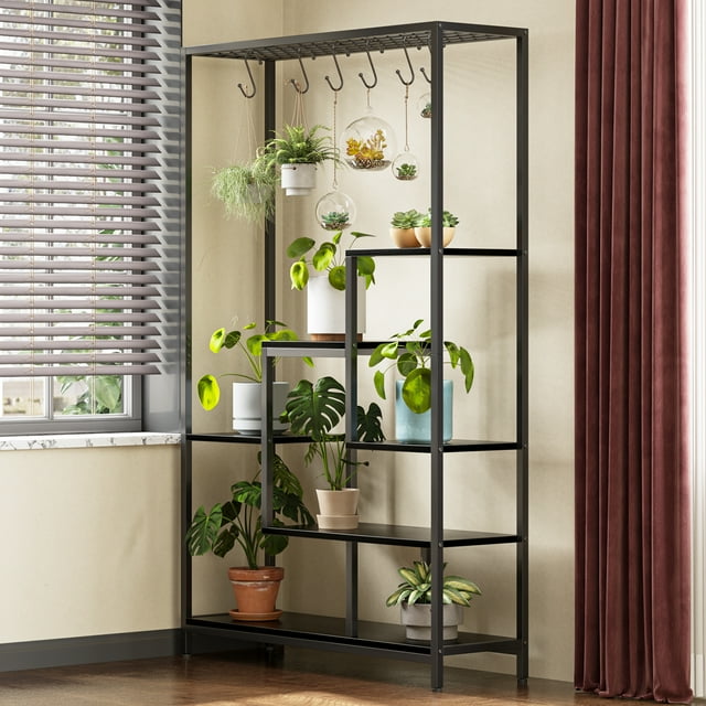 Indoor Plant Stand 5-Tier Tall 70.9", Large Metal Plant Shelf with Hanging Hooks, Multi-Purpose Display Rack, Flower Bonsai Pots Organizer for Garden, Balcony, Living Room