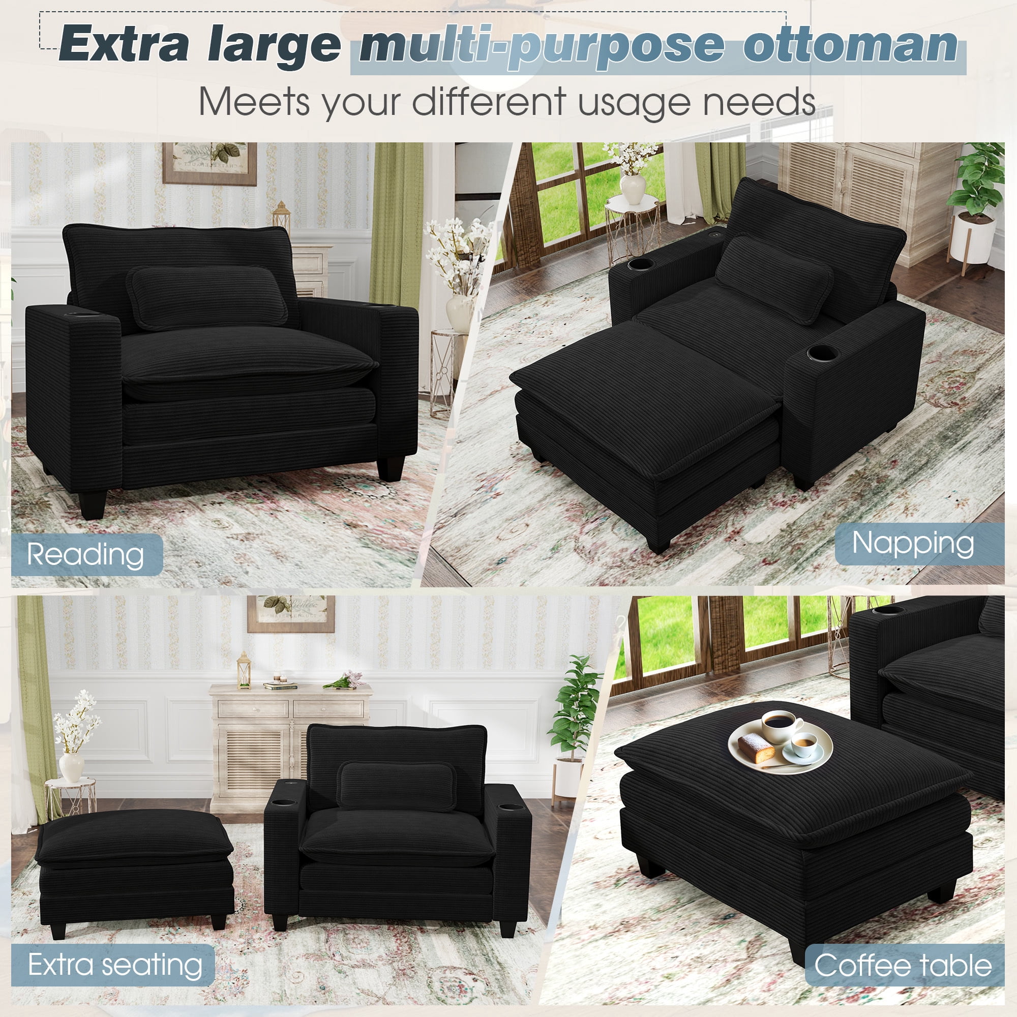 Lunale Oversized Lounge Chair & Ottoman Set - 45.5" Cloud Corduroy Accent Armchair with USB/Cup Holder for Modern Living/Bedroom, Black
