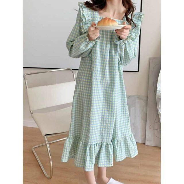 Camisón a cuadros para mujer, ropa de dormir de estilo coreano, vestido de noche con volantes, pijamas de una pieza, ropa de casa de manga larga con cuello cuadrado, otoño